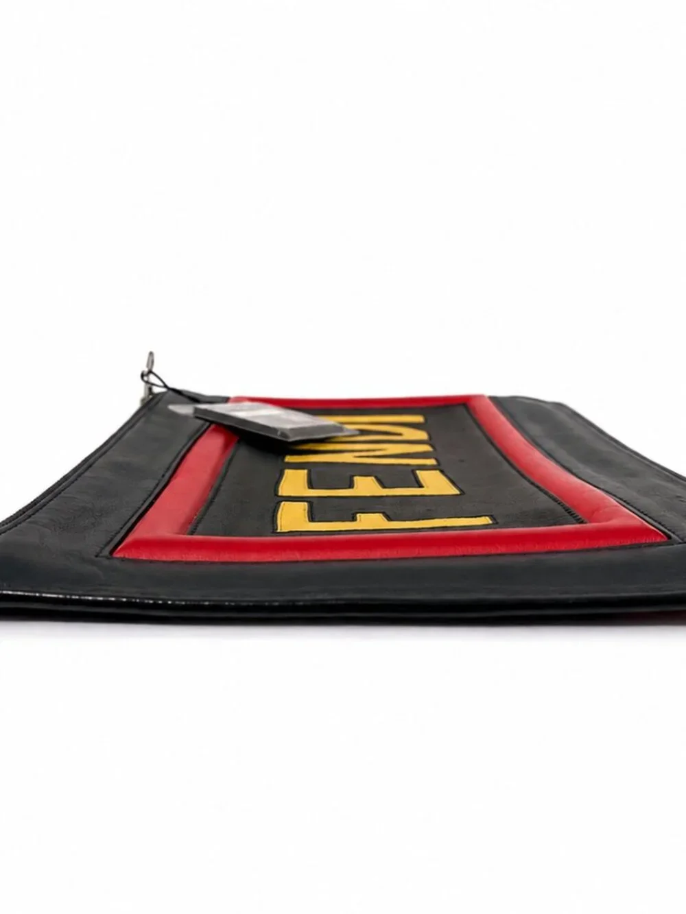 FENDI Black Leather Large Zip Pouch Clutch with THINK Patch